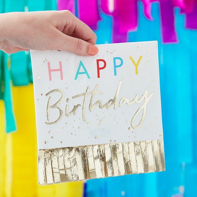 Happy Birthday Gold Fringed Napkins